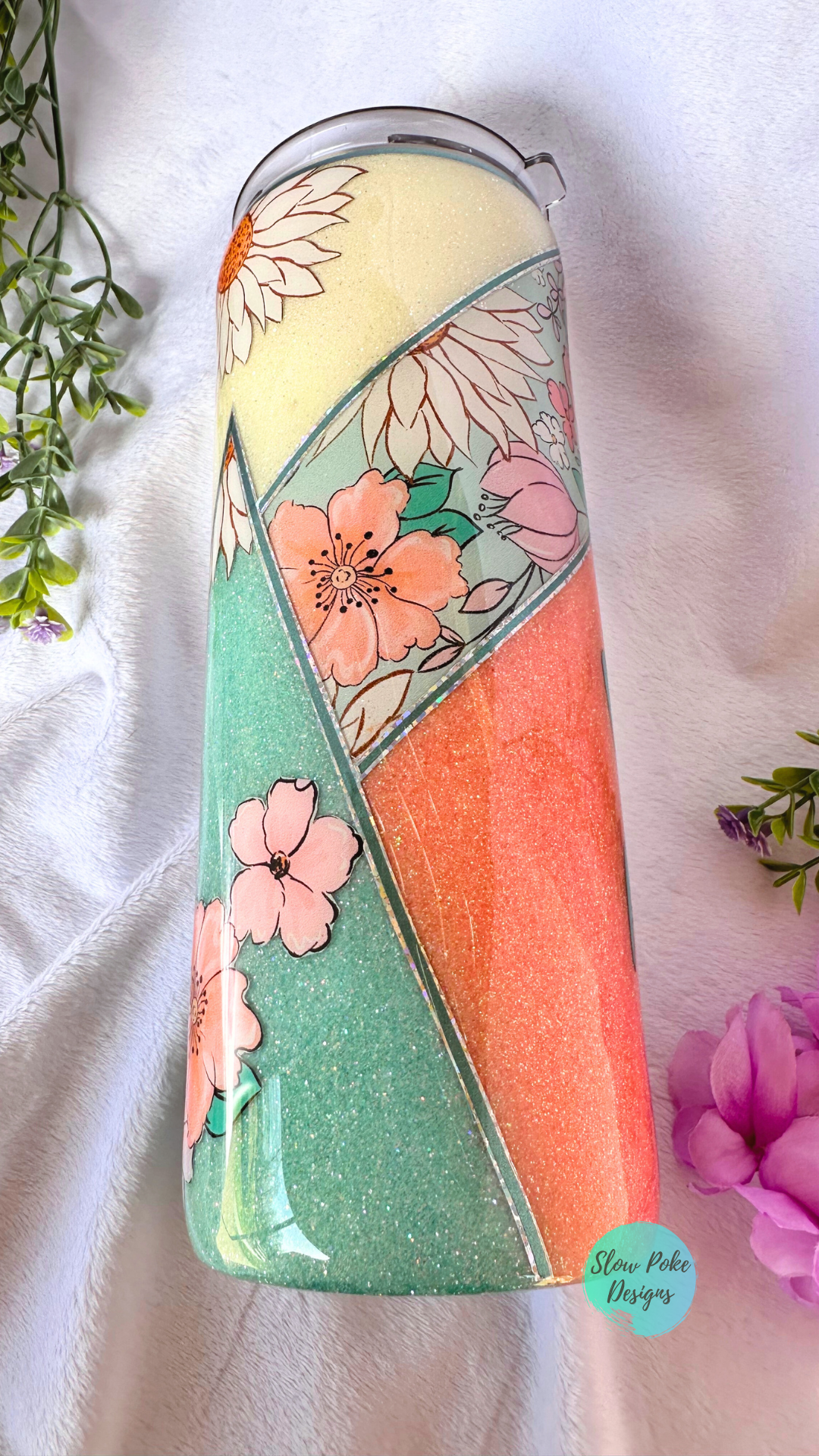 Spring Floral Tumbler | Glitter V Split Design | Bloom Where You Are Planted