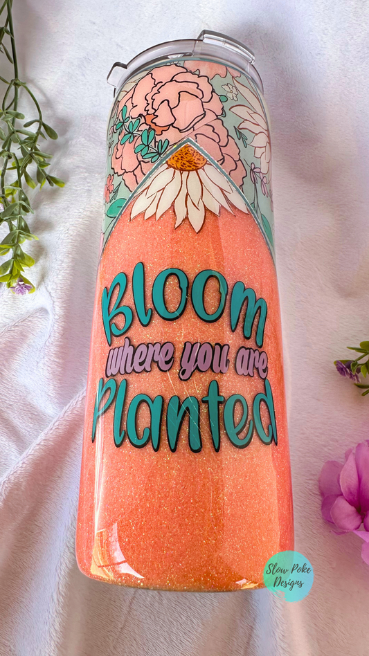Spring Floral Tumbler | Glitter V Split Design | Bloom Where You Are Planted