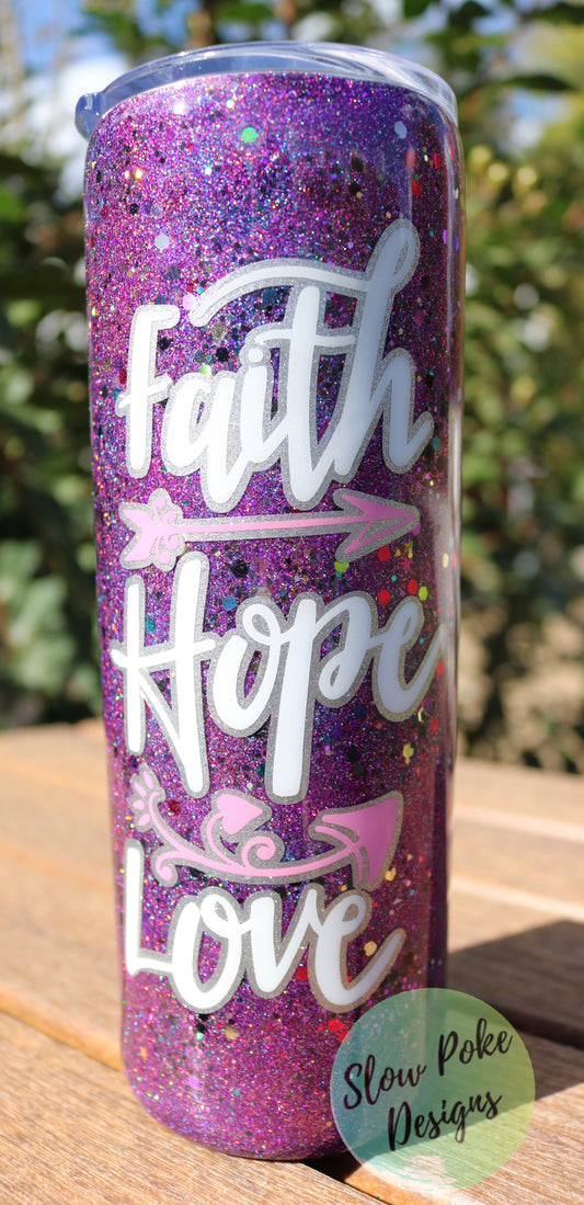 Uplifting Glittered Tumbler | Faith, Hope, Love